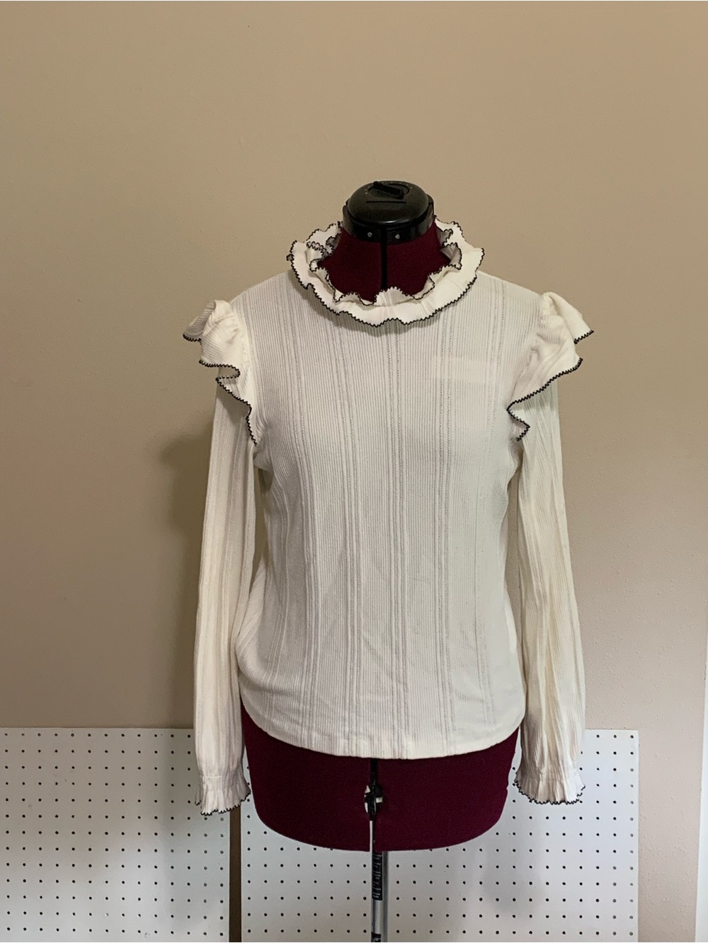 Sandro Paris White Ruffled Long-Sleeve Knit Top
